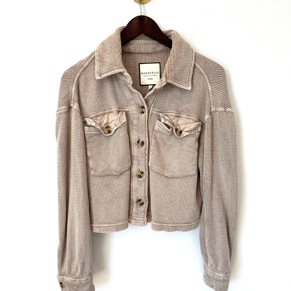Bagatelle Collection Waffle Knit Cropped Shacket - Sand/Tan Medium